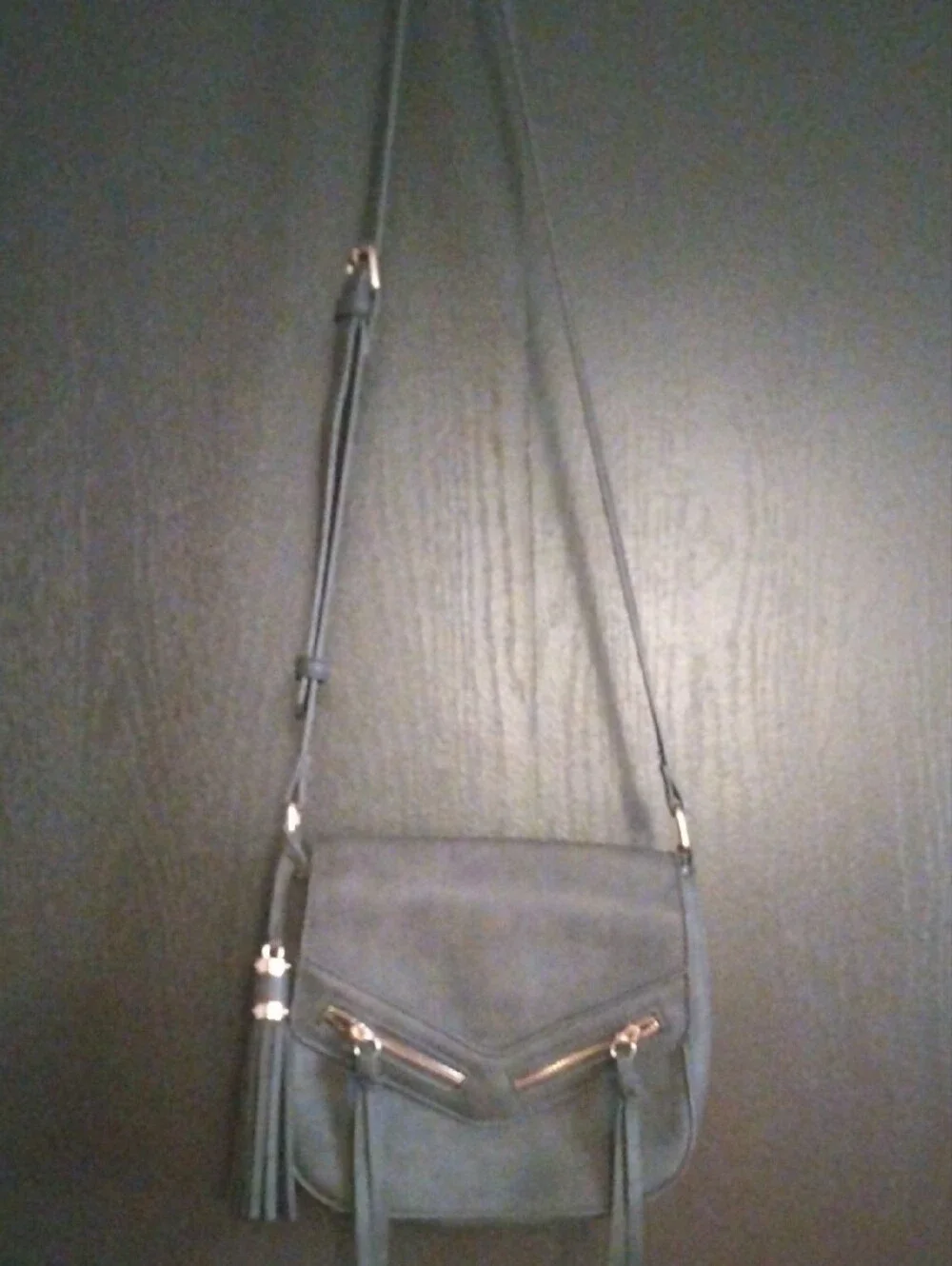 Chic Slate Gray Crossbody Bag with Gold Zipper Accents